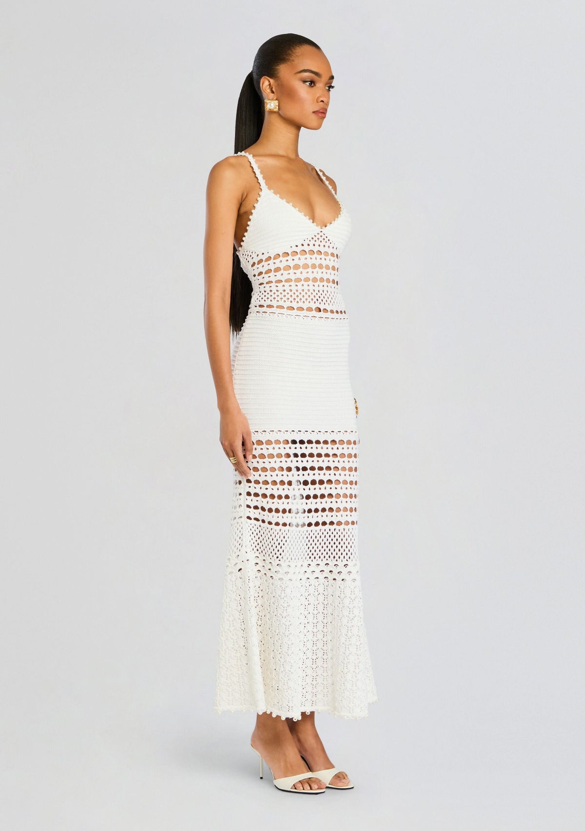 Belize Metallic Crochet Dress by retrofête in Metallic White, product image 3