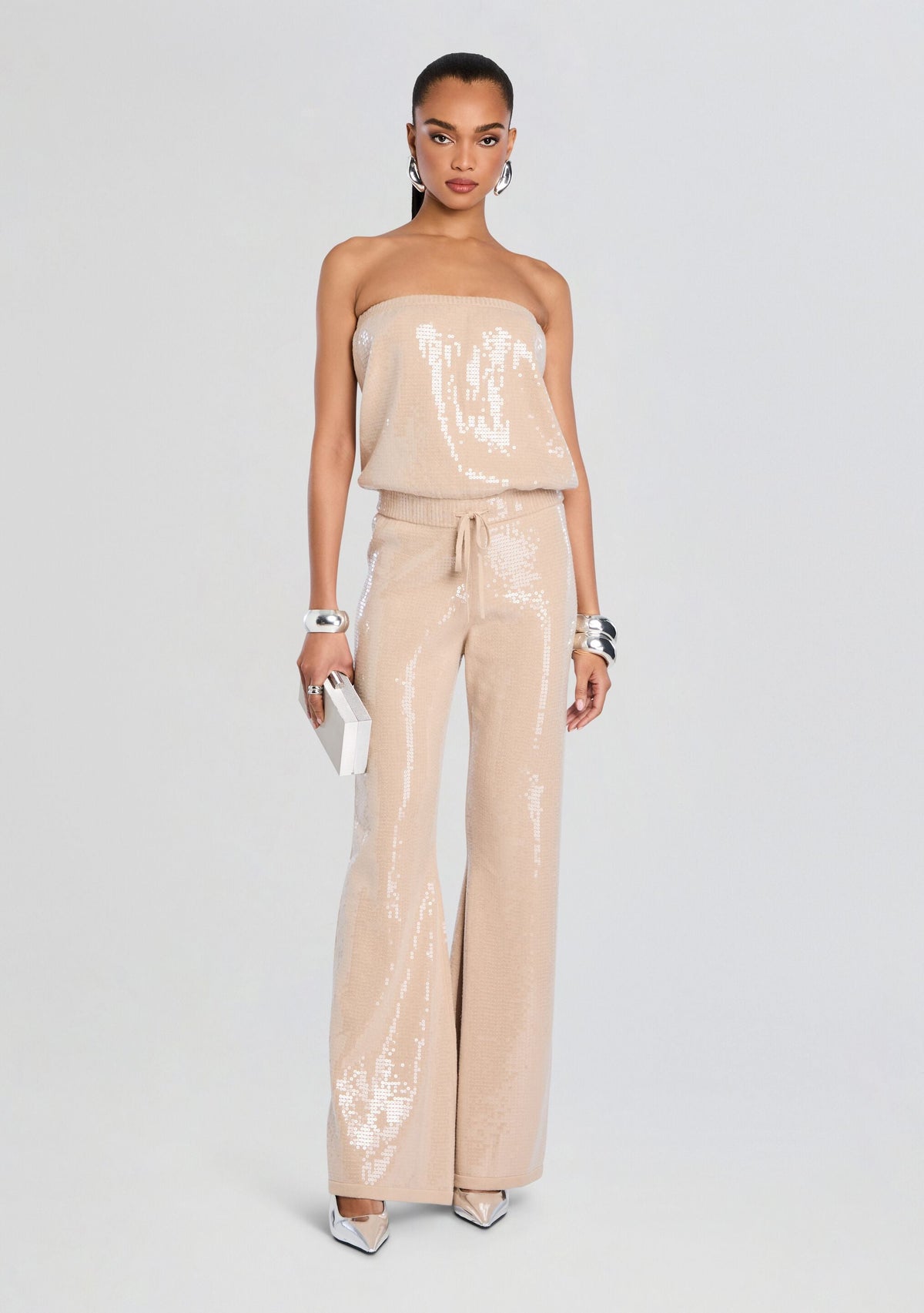 Allie Sequin Knit Jumpsuit by retrofête in Latte, product image 1