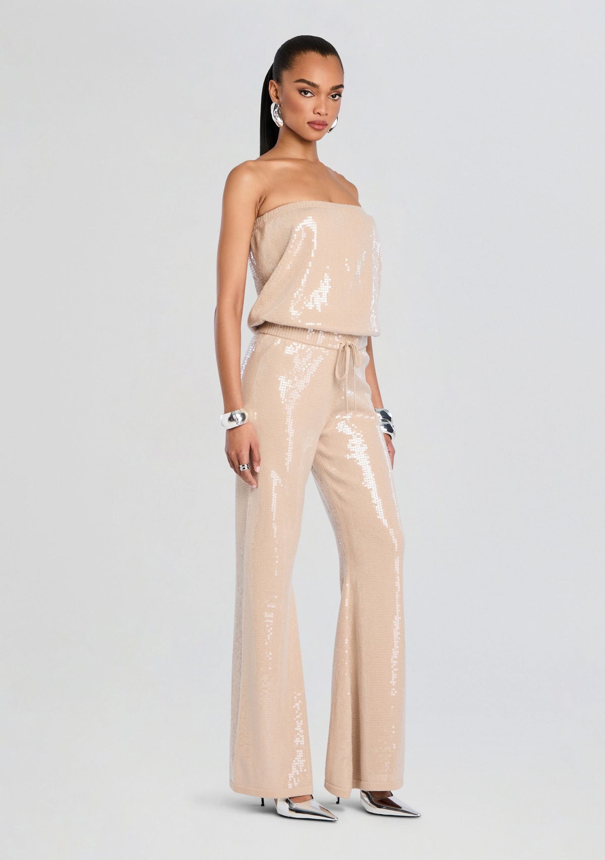Allie Sequin Knit Jumpsuit by retrofête in Latte, product image 3