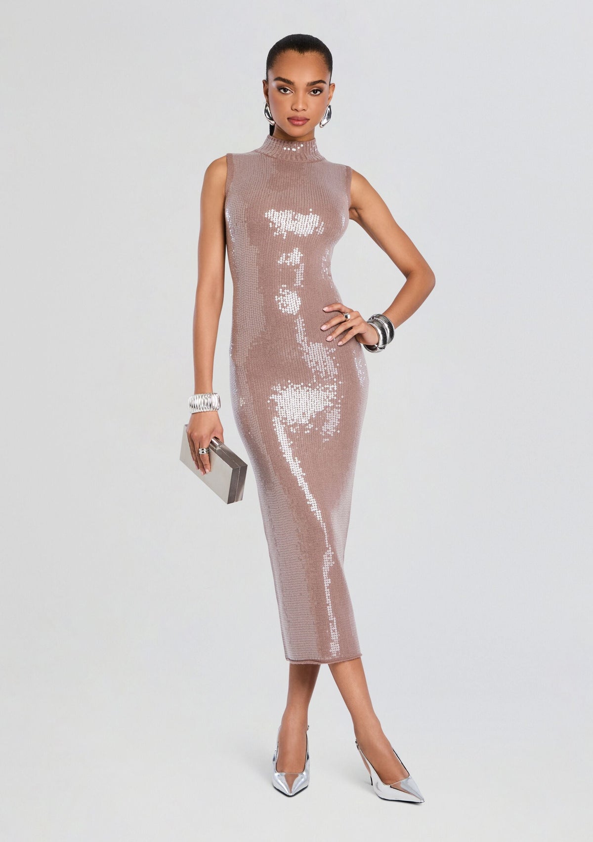 Dove Sequin Knit Dress by retrofête in Truffle, product image 1