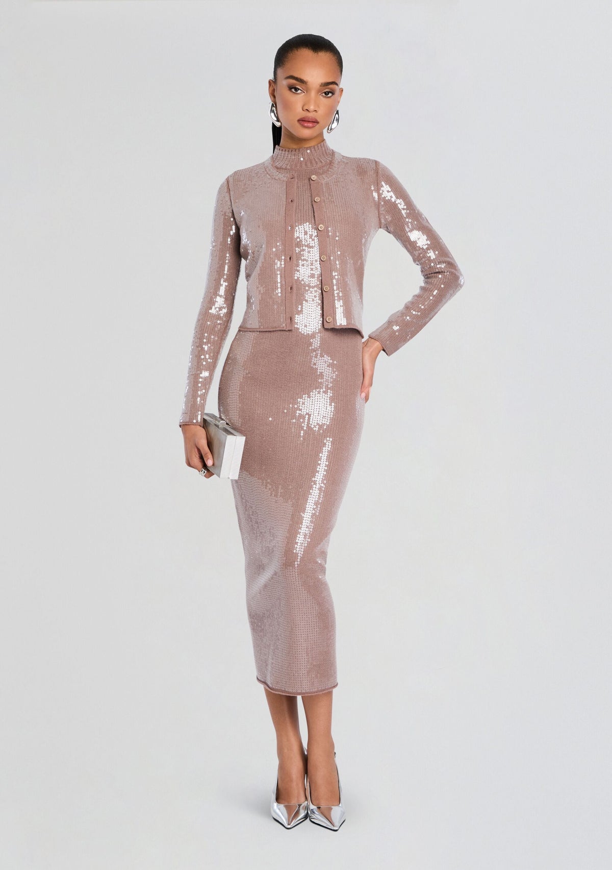Annamarie Sequin Knit Cardigan by retrofête in Truffle, product image 6