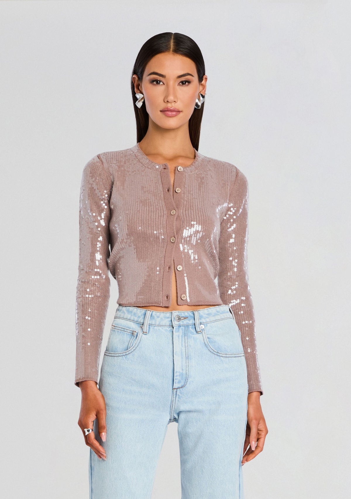 Annamarie Sequin Knit Cardigan by retrofête in Truffle, product image 1