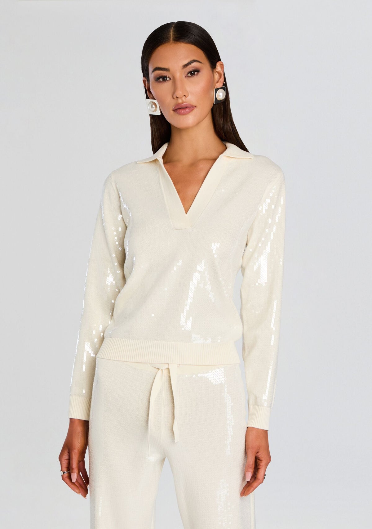Shaelynn Sequin Knit Shirt by retrofête in Winter White, product image 1
