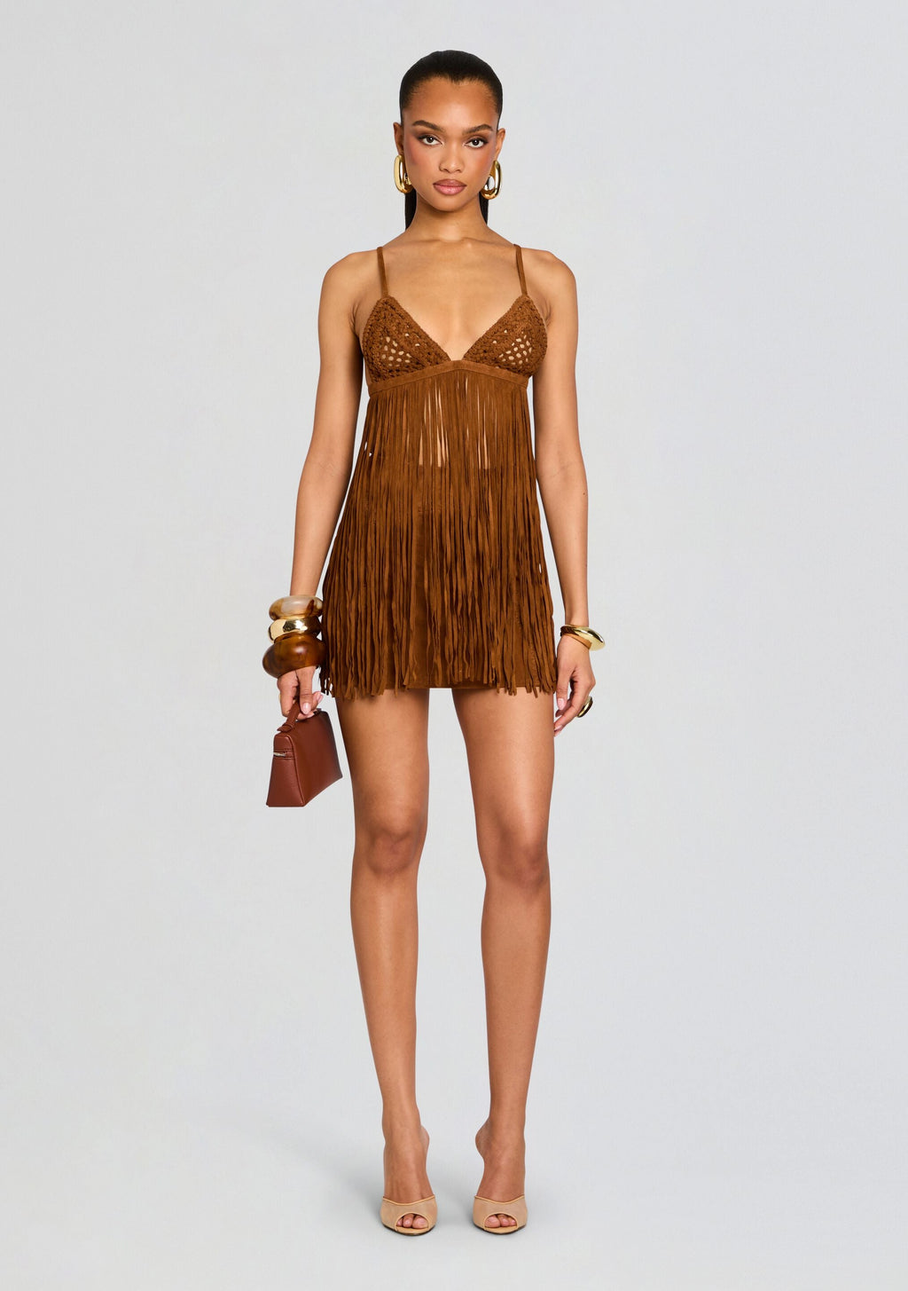 Jacinta Suede Fringe Bra by retrofête in Cognac, product image 6