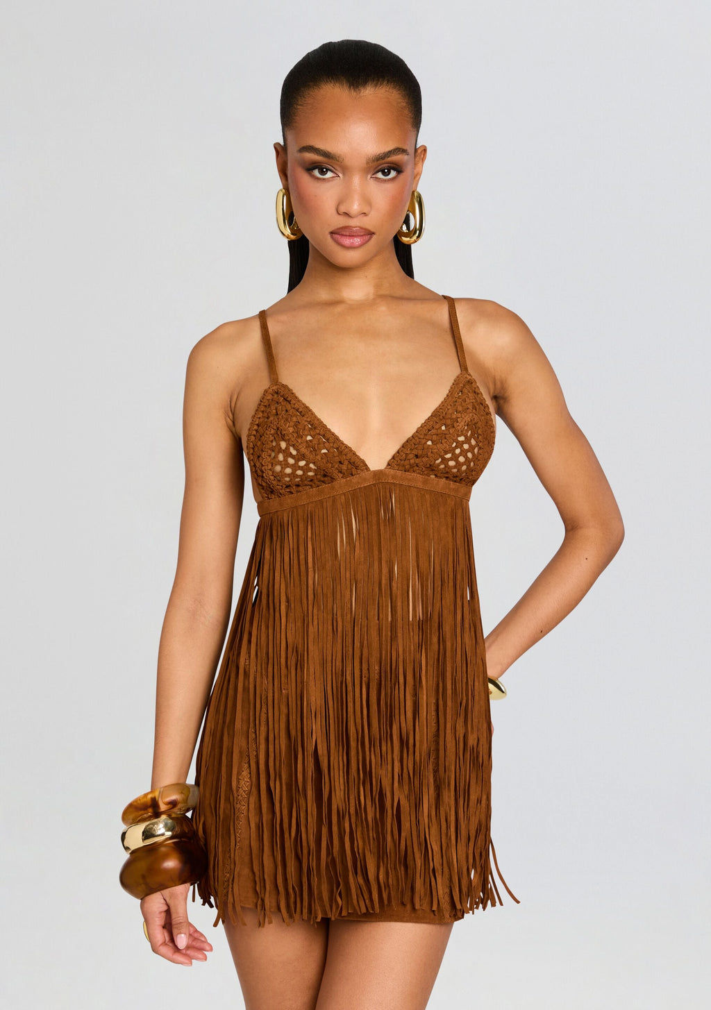 Jacinta Suede Fringe Bra by retrofête in Cognac, product image 1