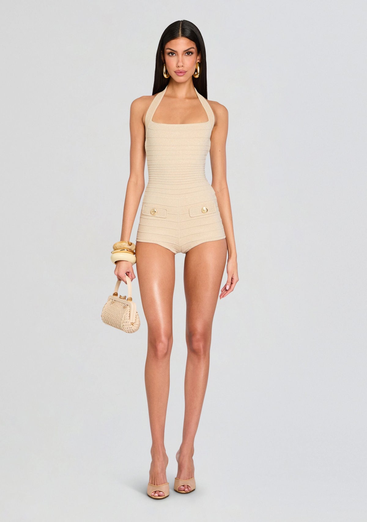 Fallyn Metallic Bandage Knit Romper by retrofête in Metallic Bone, product image 1