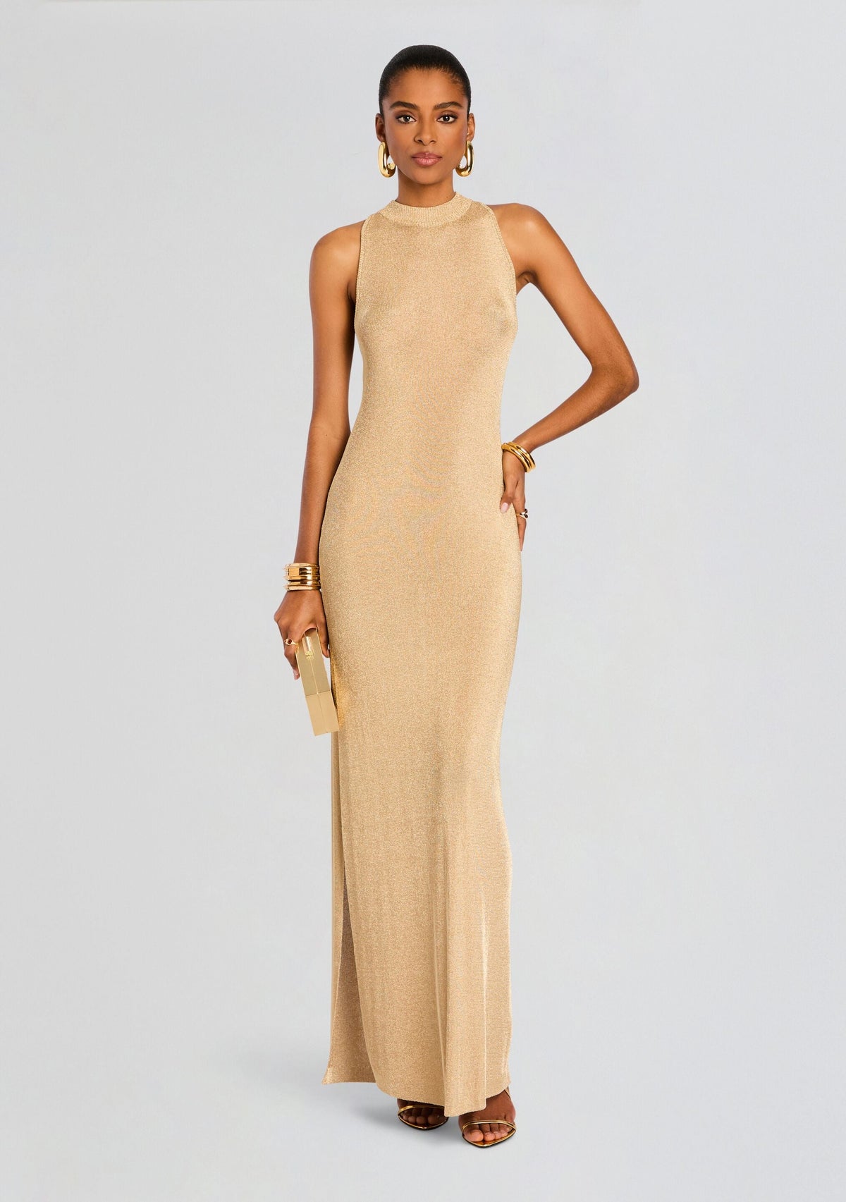 Henne Metallic Knit Maxi Dress by SEROYA in Gold, product image 1