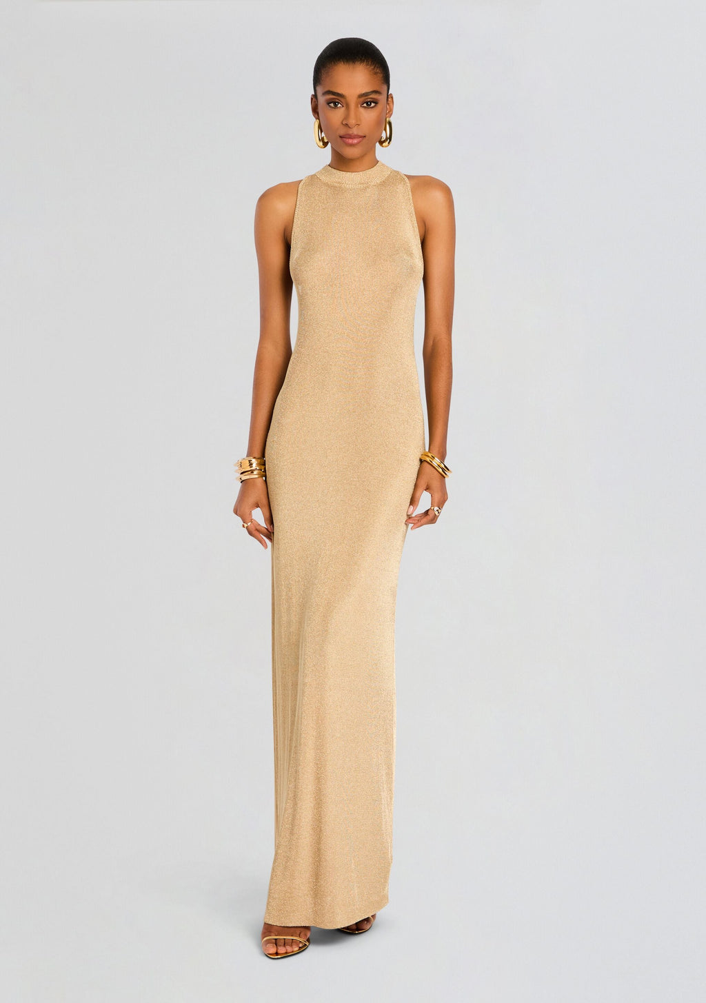 Henne Metallic Knit Maxi Dress by SEROYA in Gold, product image 5