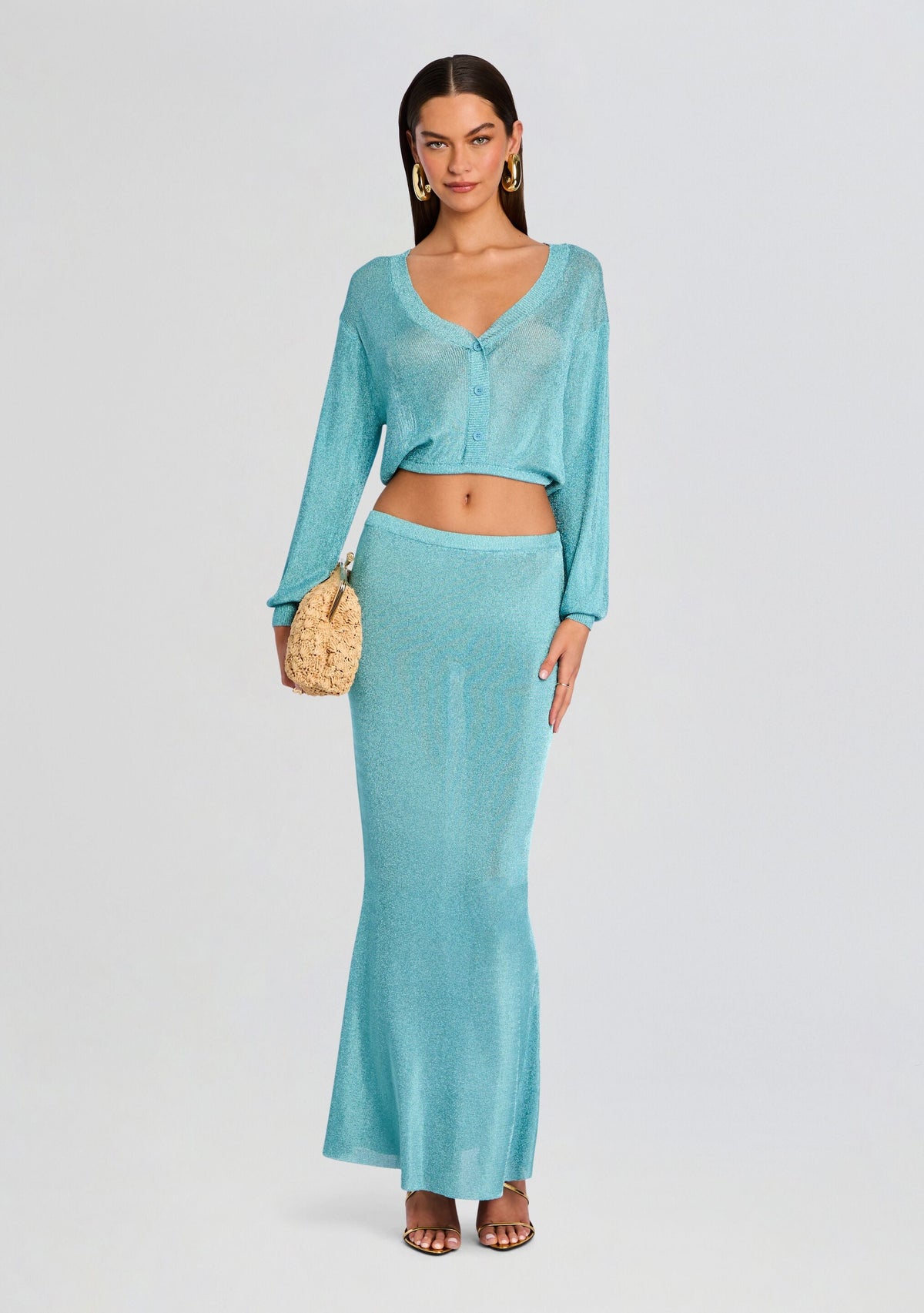 Moni Metallic Knit Cardigan by SEROYA in Frosted Sea, product image 5