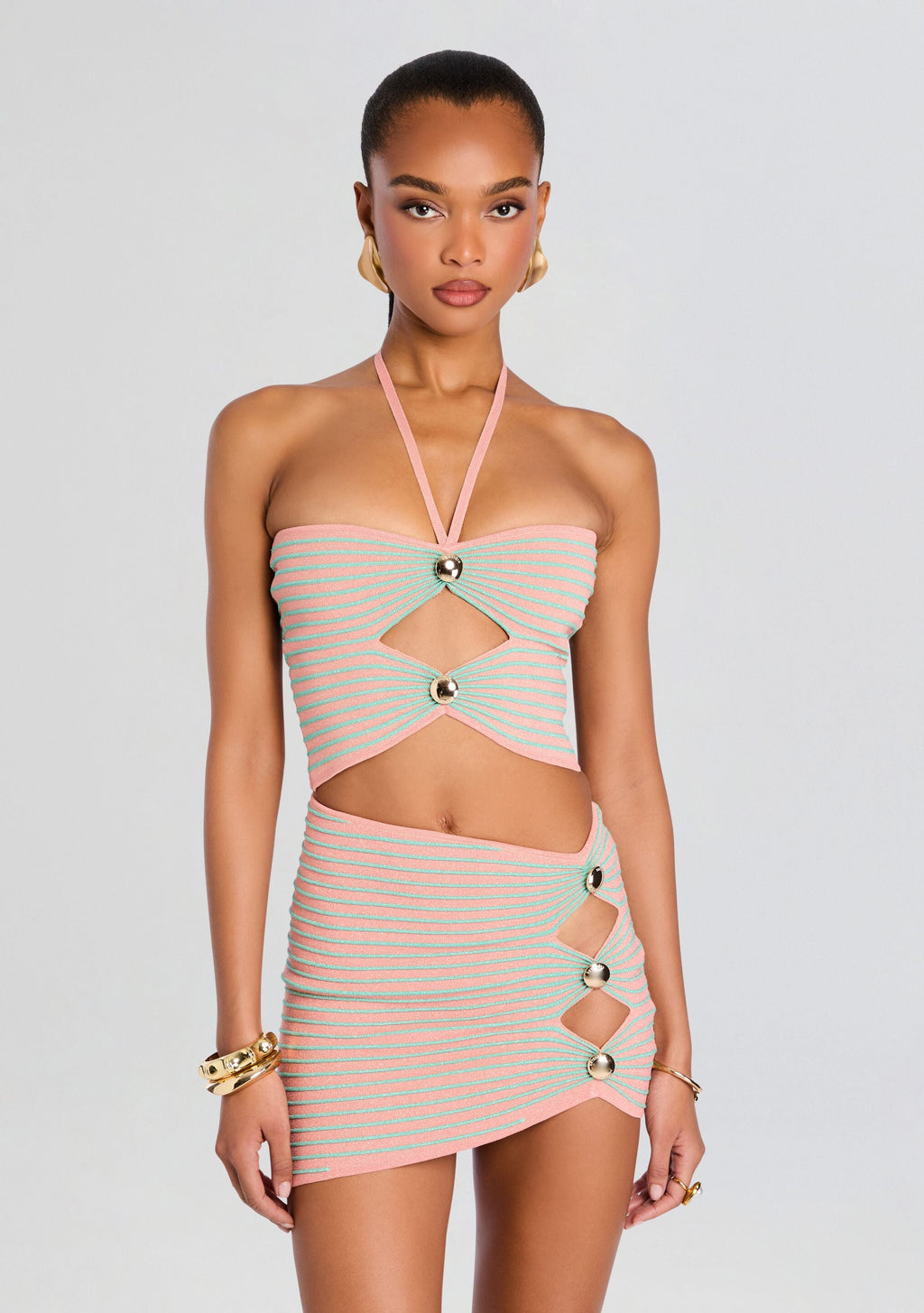 Brea Metallic Knit Top by retrofête in Metallic Peche/Eucal, product image 1