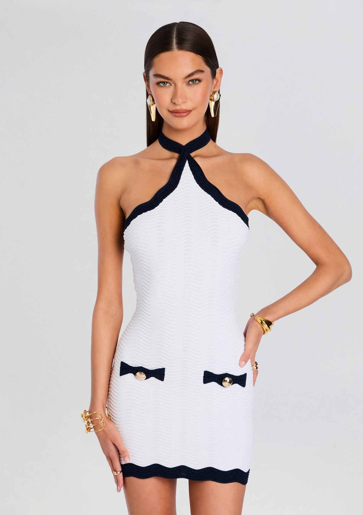 Myna Metallic Rib Knit Dress by retrofête in OpticWht/MetallicNav, product image 5