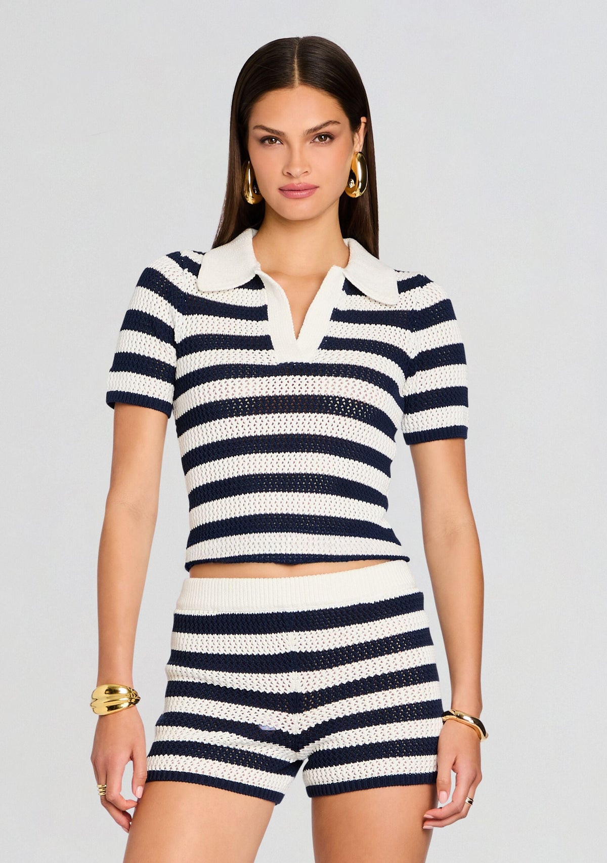 Pax Crochet Polo Top by SEROYA in Navy/Eggshell, product image 1