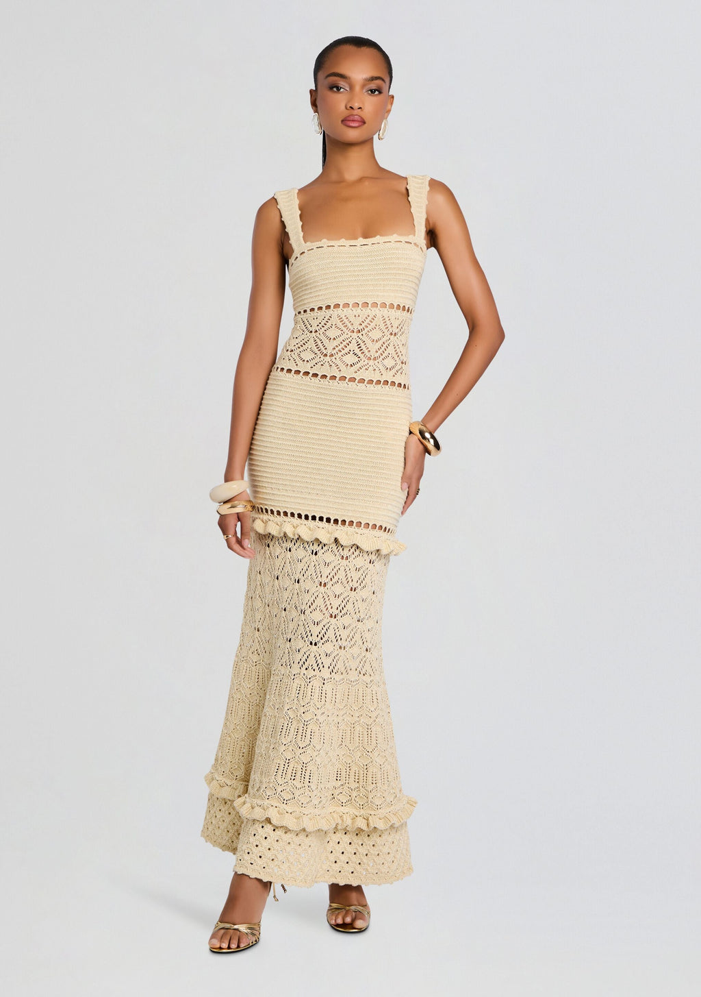 Winona Crochet Dress by retrofête in Ivory/Gold, product image 1