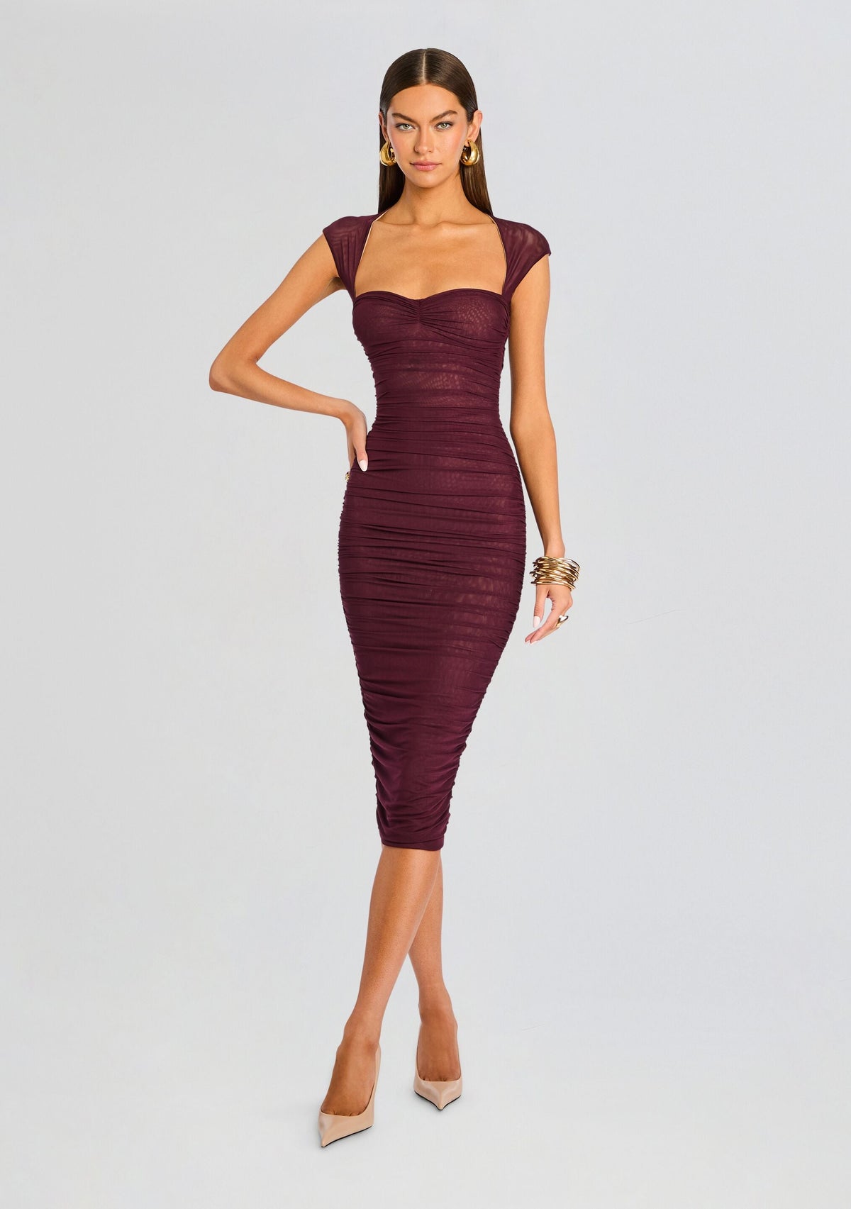 Kylie Mesh Midi Dress by SEROYA in Merlot, product image 1