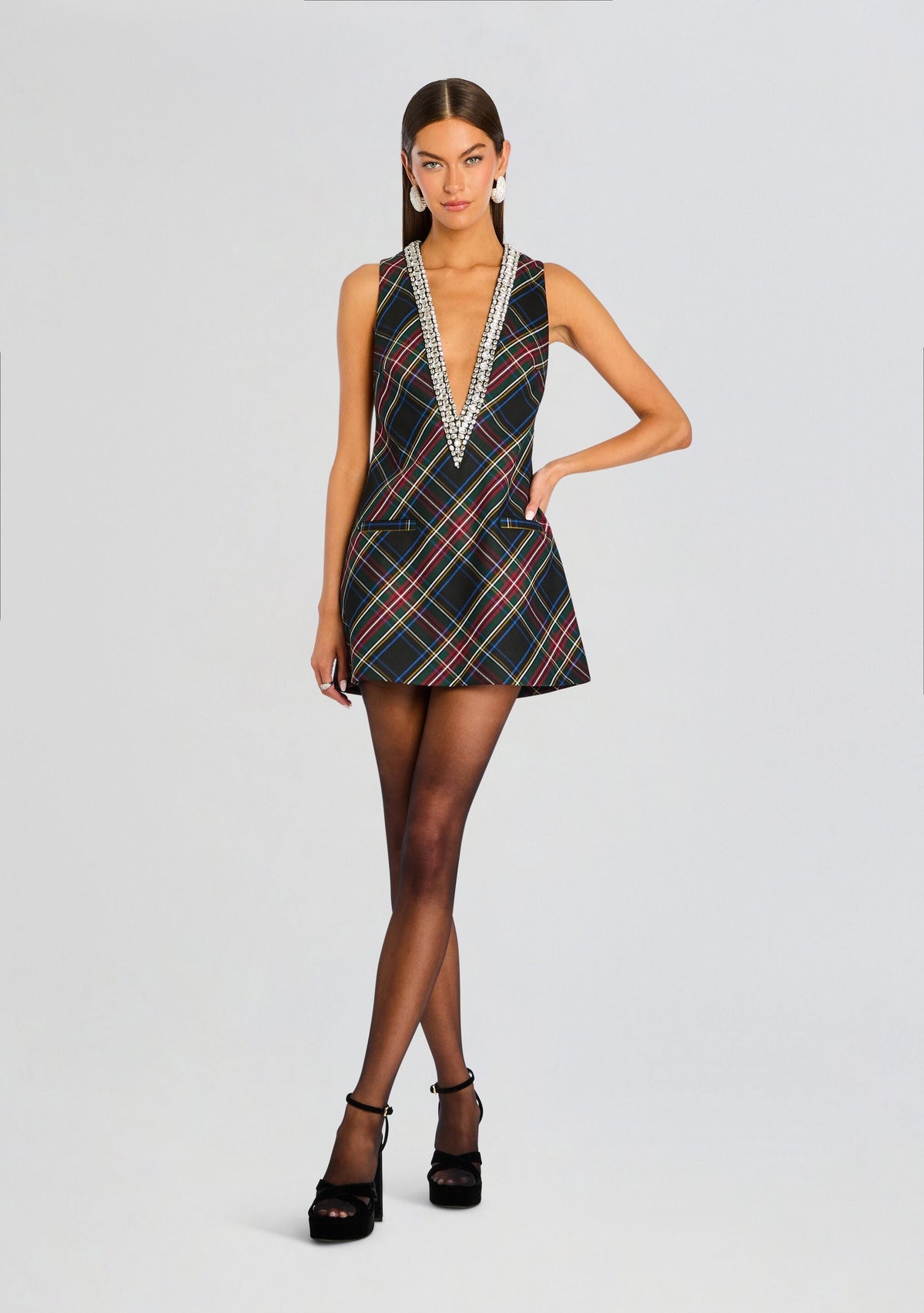 Nancie Embellished Dress by retrofête in Black Tartan, product image 1