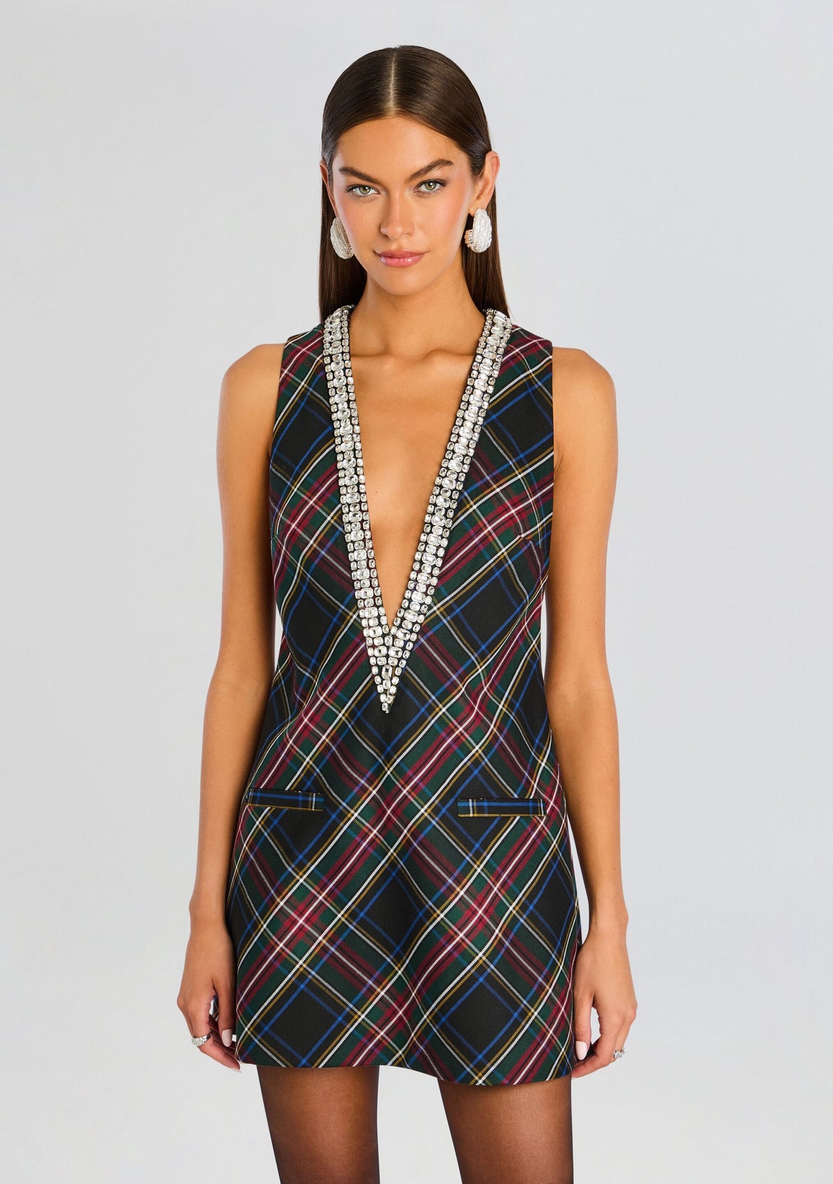 Nancie Embellished Dress by retrofête in Black Tartan, product image 5