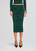 Darcy Mid Rise Ruched Midi Skirt by SEROYA in Evergreen, product image 1