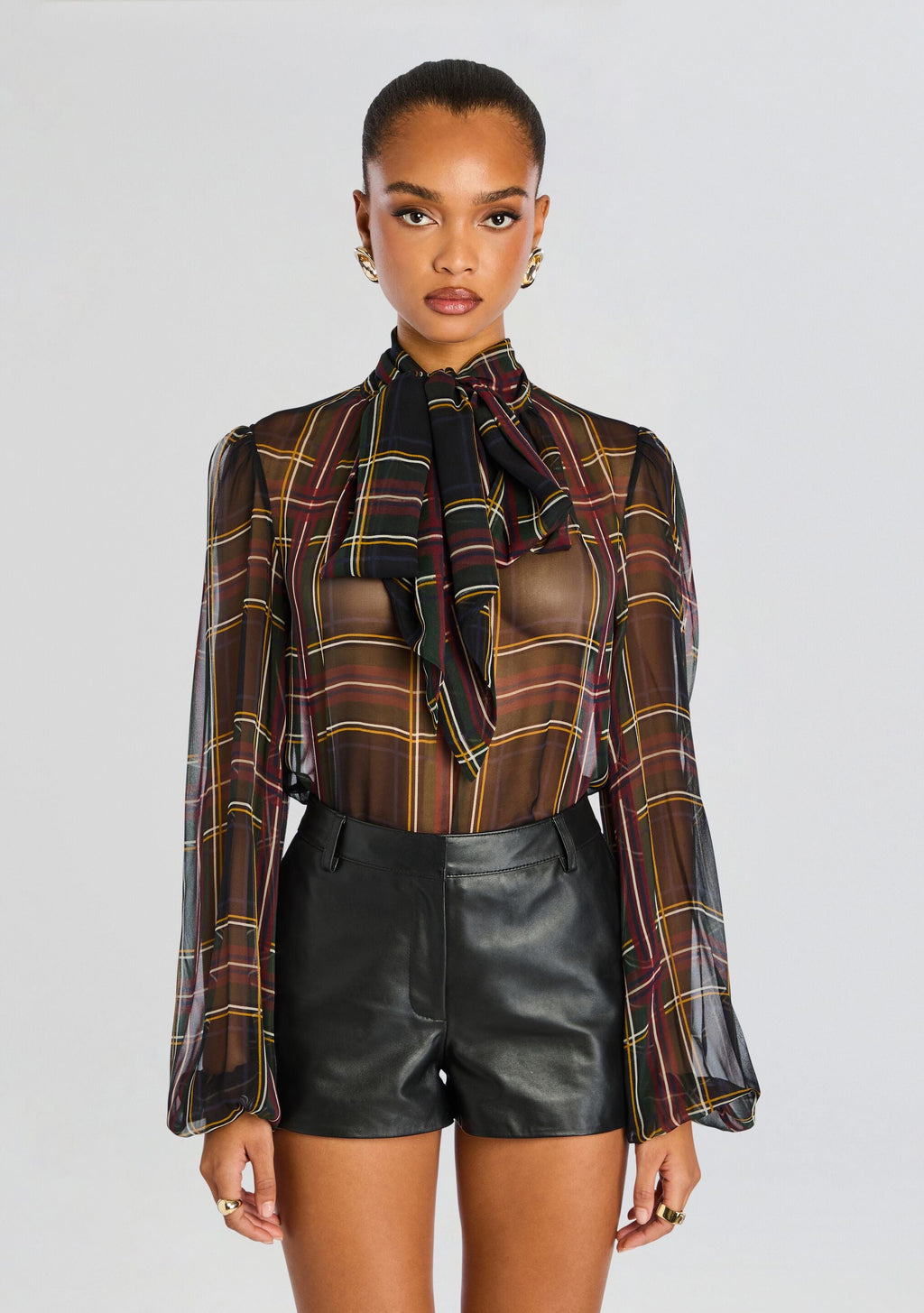 Rhianna Silk Blouse by retrofête in Black Tartan, product image 1