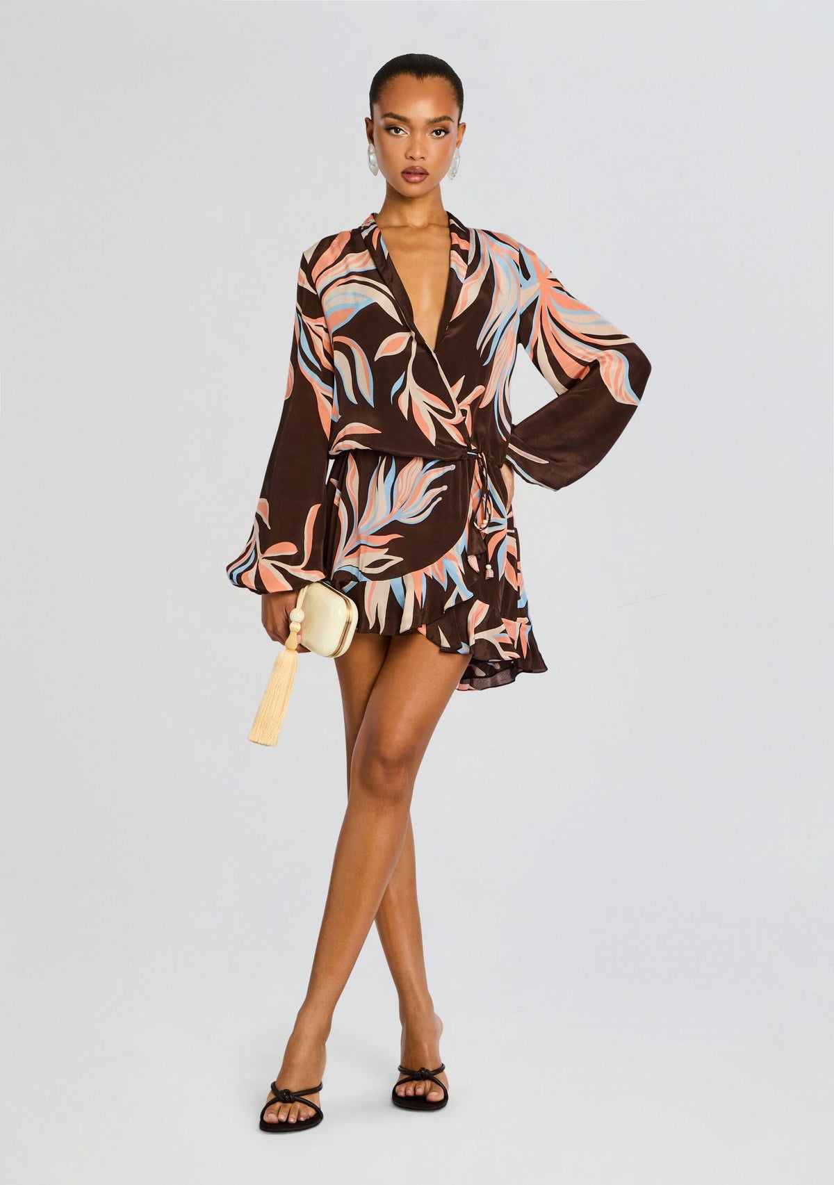 Fern Front Wrap Mini Dress by Rococo Sand in Brown, product image 1
