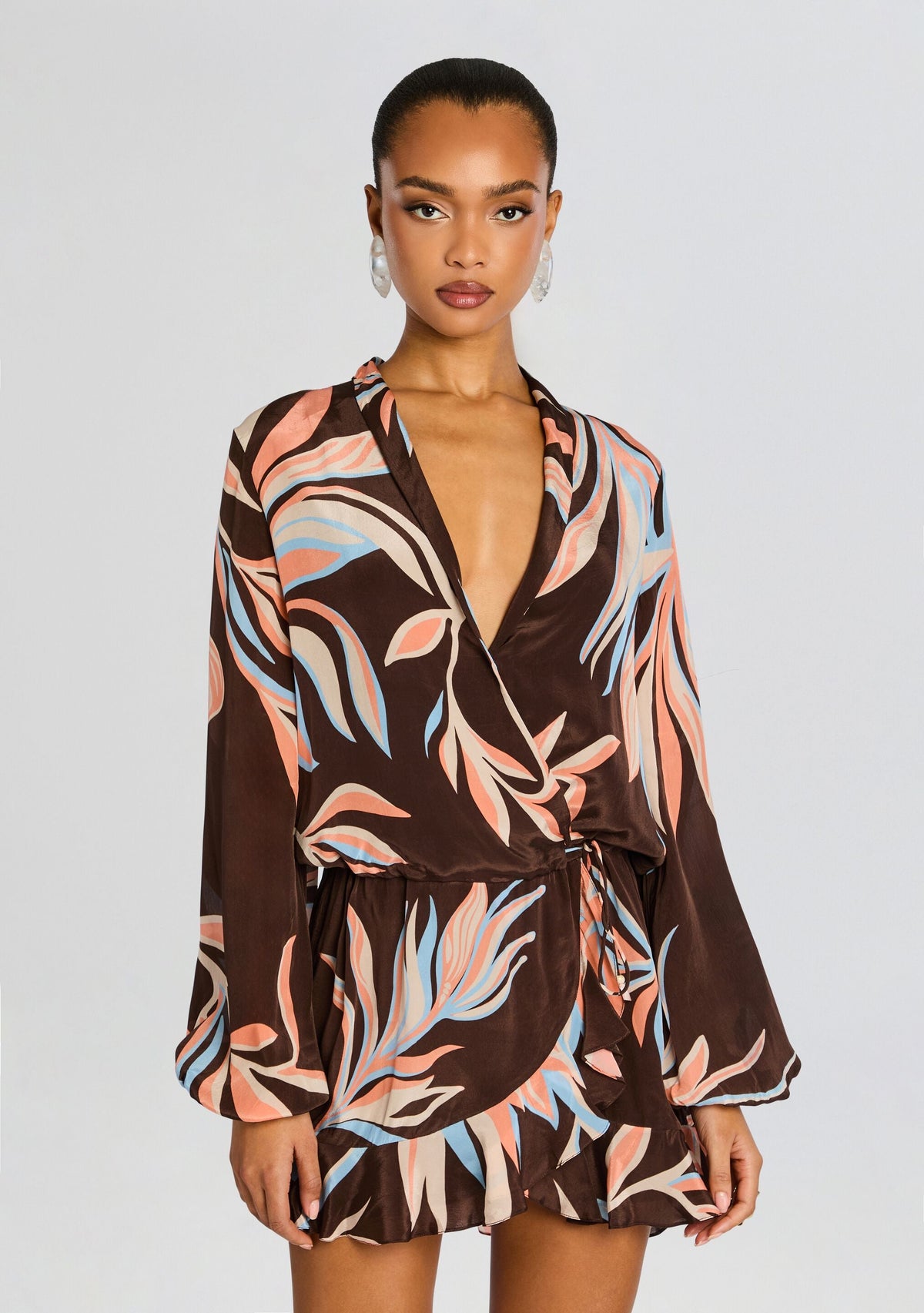 Fern Front Wrap Mini Dress by Rococo Sand in Brown, product image 5