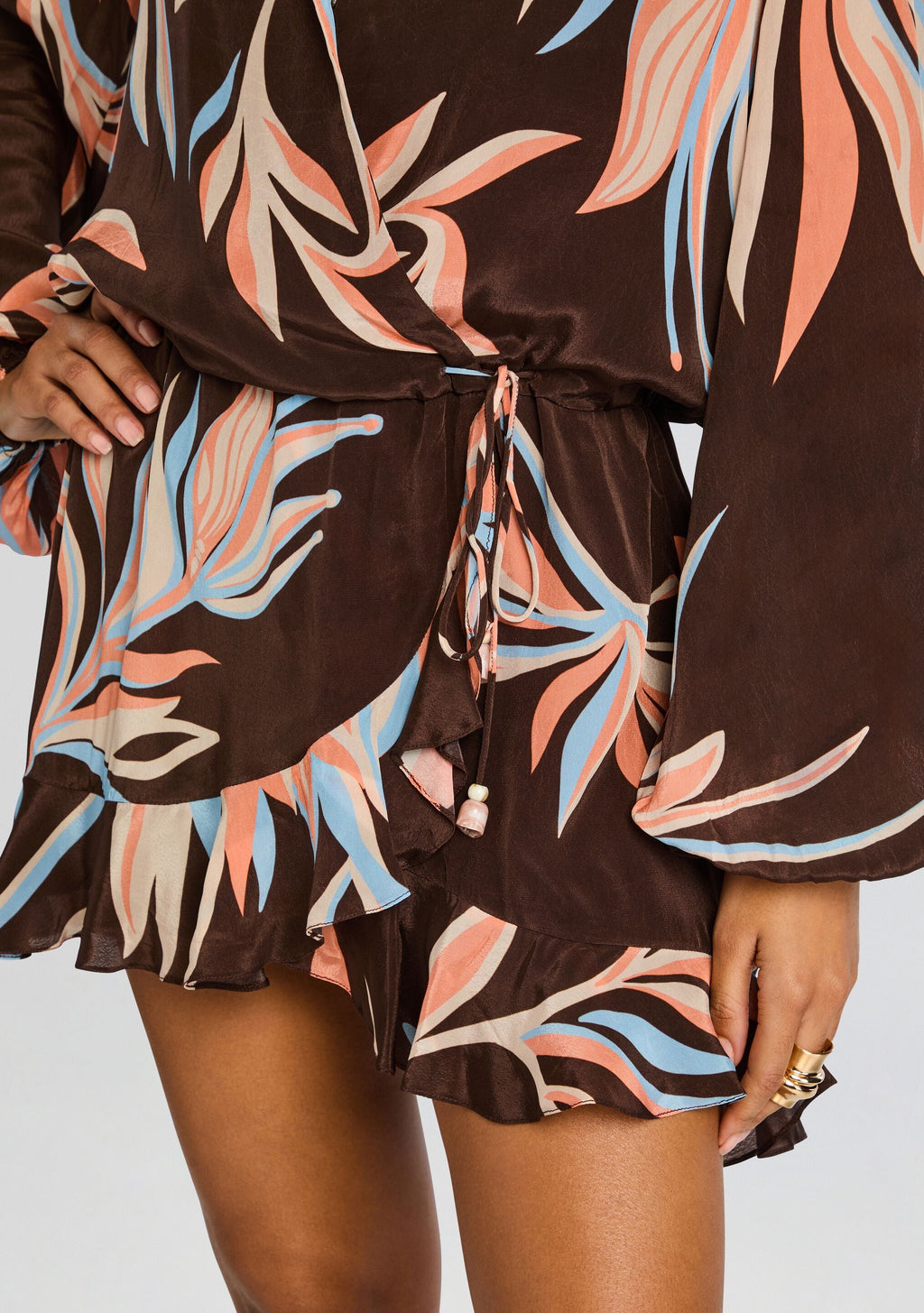 Fern Front Wrap Mini Dress by Rococo Sand in Brown, product image 2