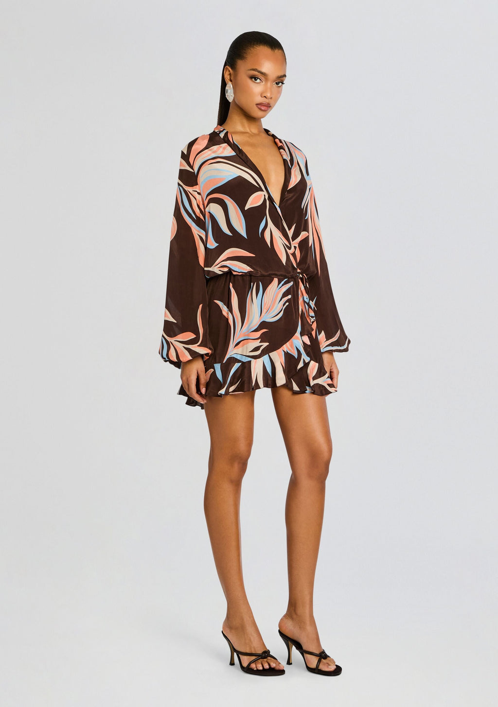 Fern Front Wrap Mini Dress by Rococo Sand in Brown, product image 3