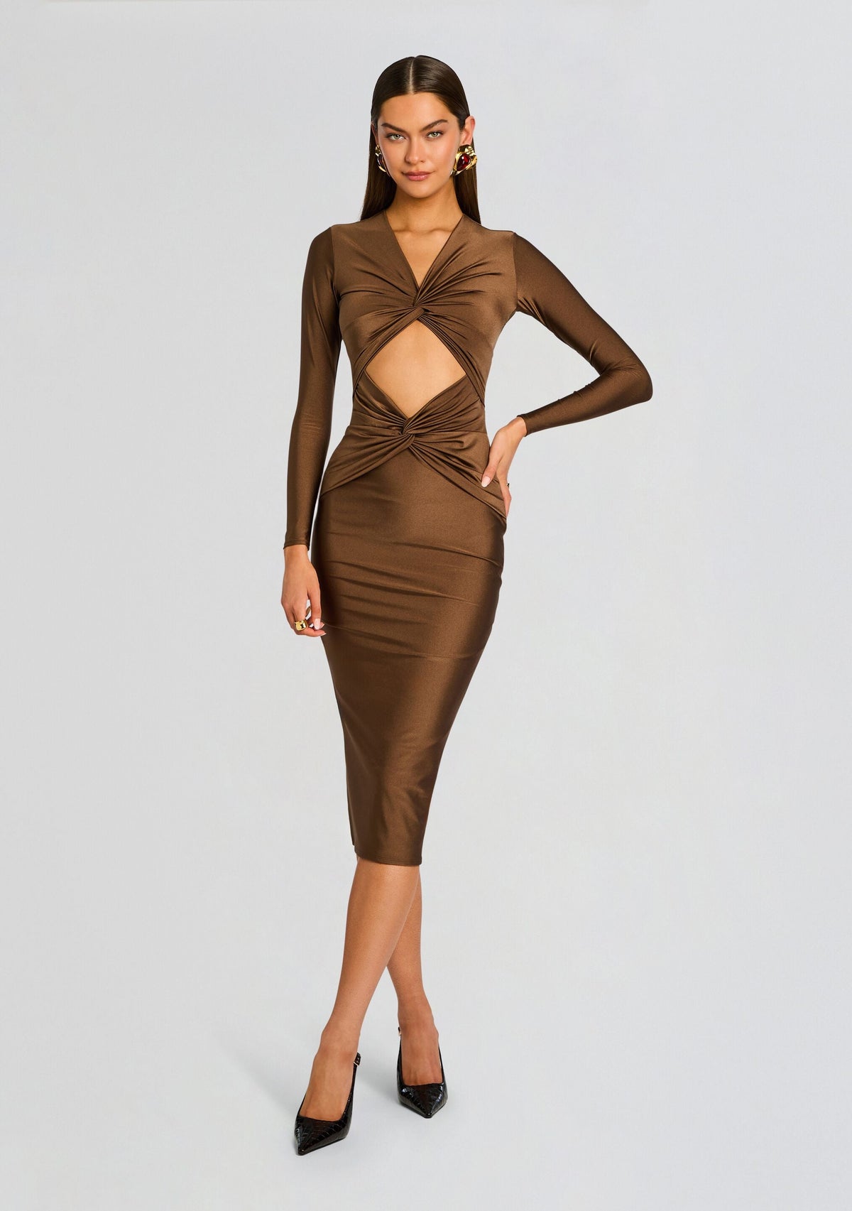 Maida Midi Dress by SEROYA in Sable Brown, product image 1