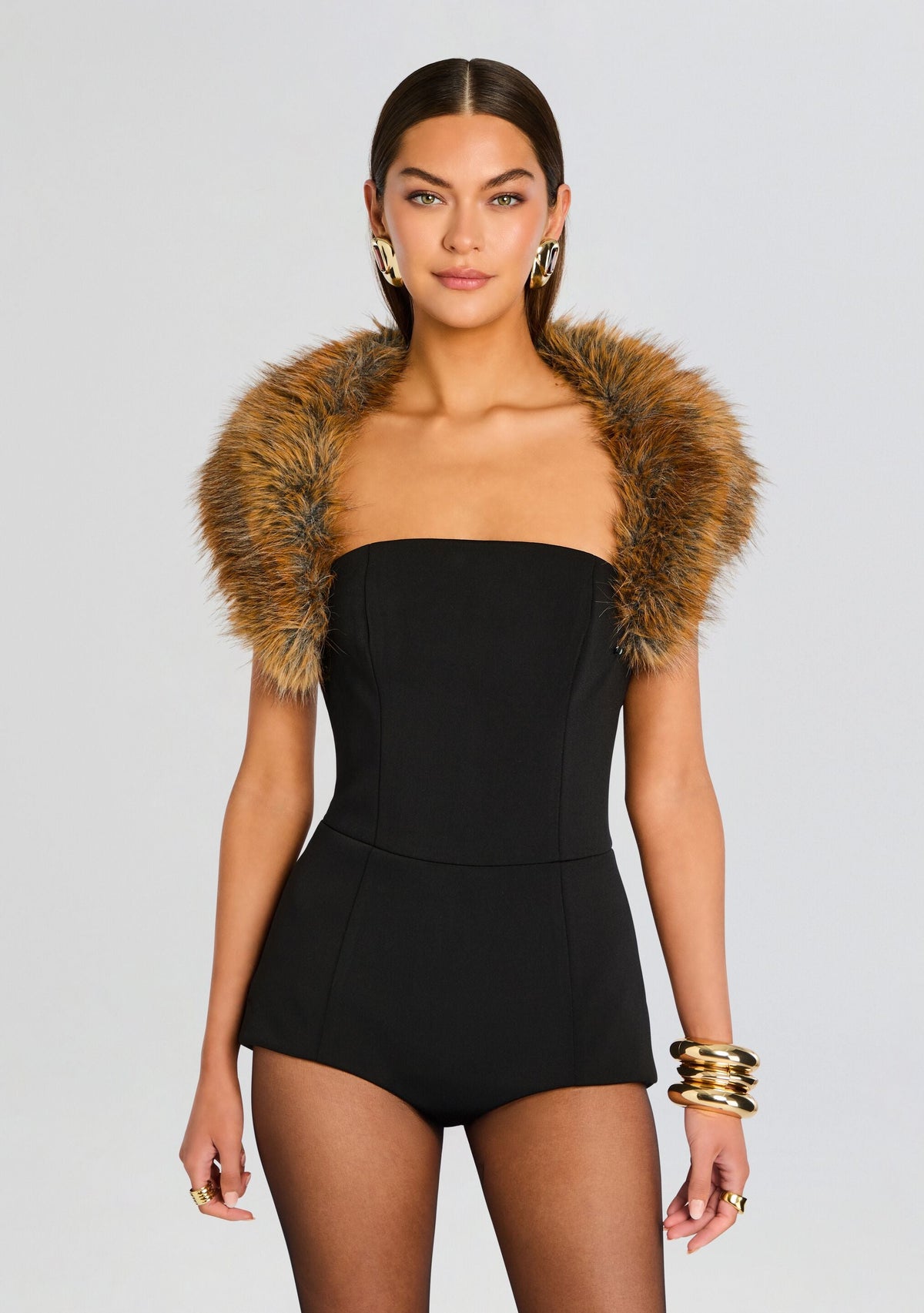 Salmee Faux Fur Romper by retrofête in Black/Red Fox, product image 6