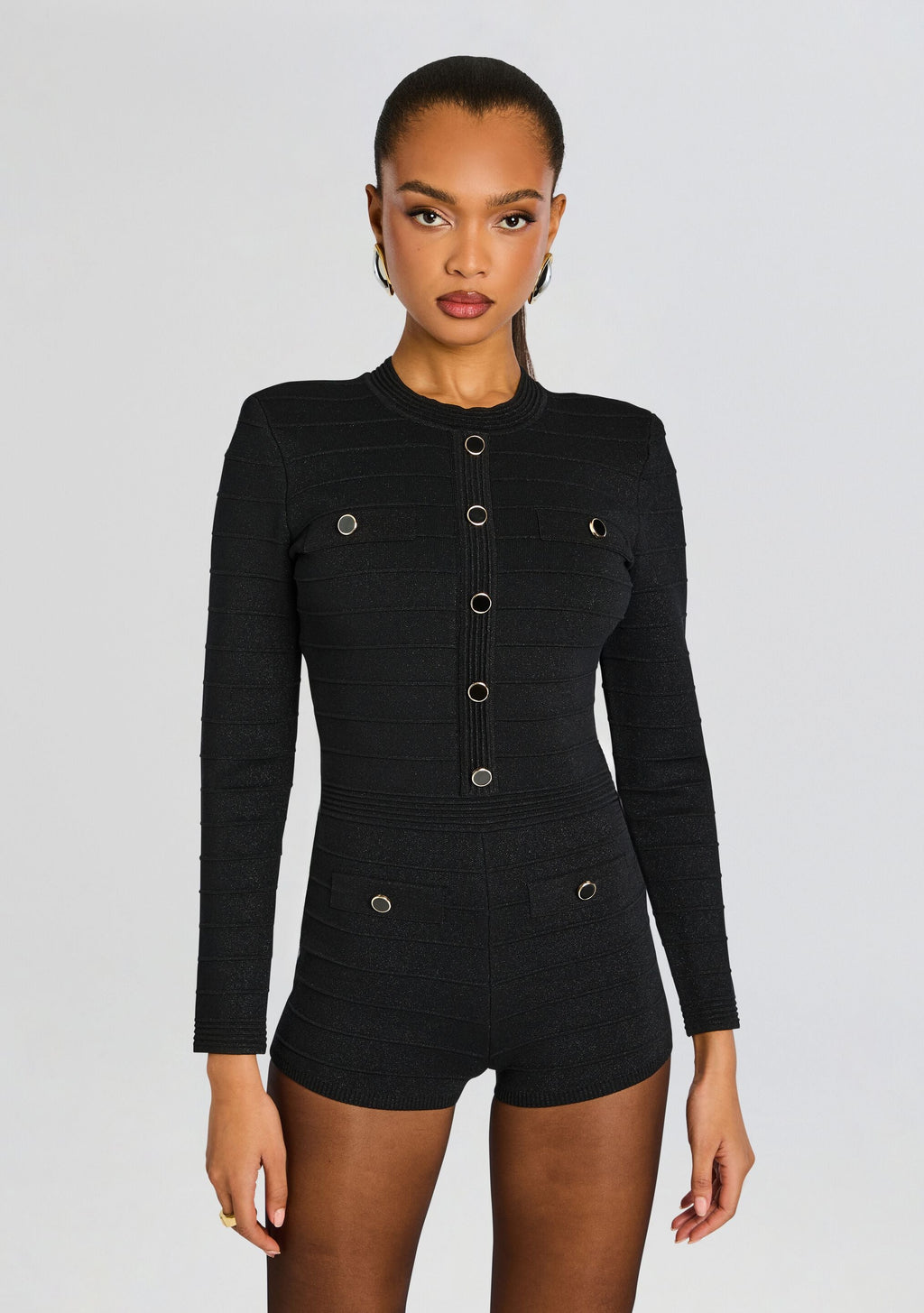 Tesni Metallic Knit Romper by retrofête in Metallic Black, product image 5
