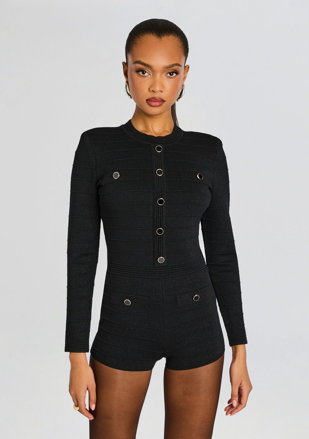 Tesni Metallic Knit Romper by retrofête in Metallic Black, product image 5