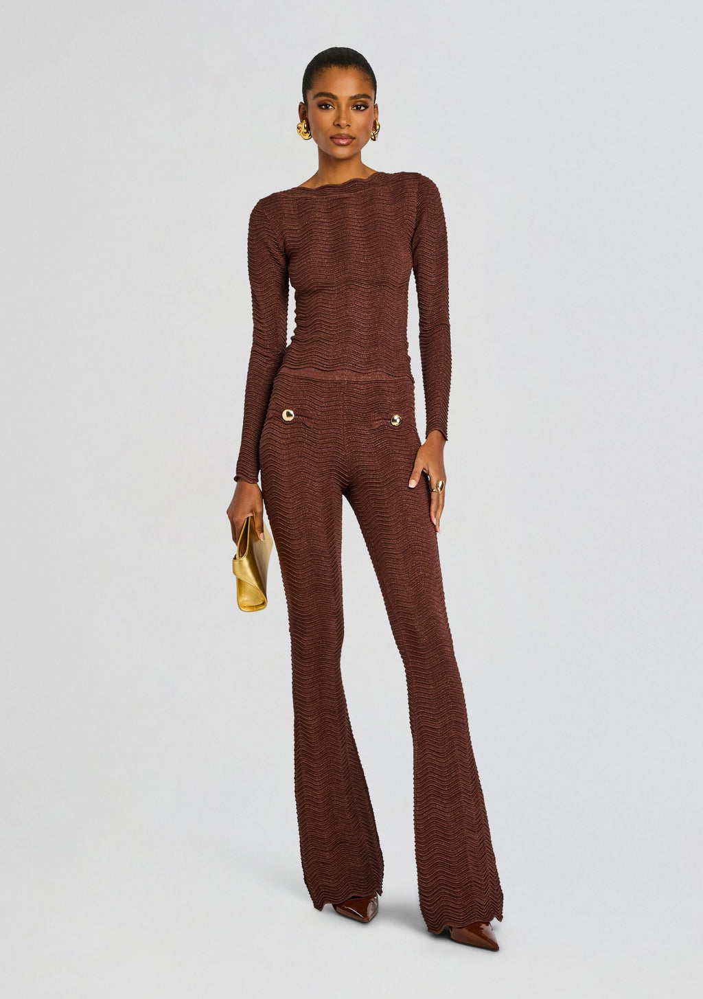 Galina Metallic Rib Knit Top by retrofête in Metallic Chocolate, product image 2
