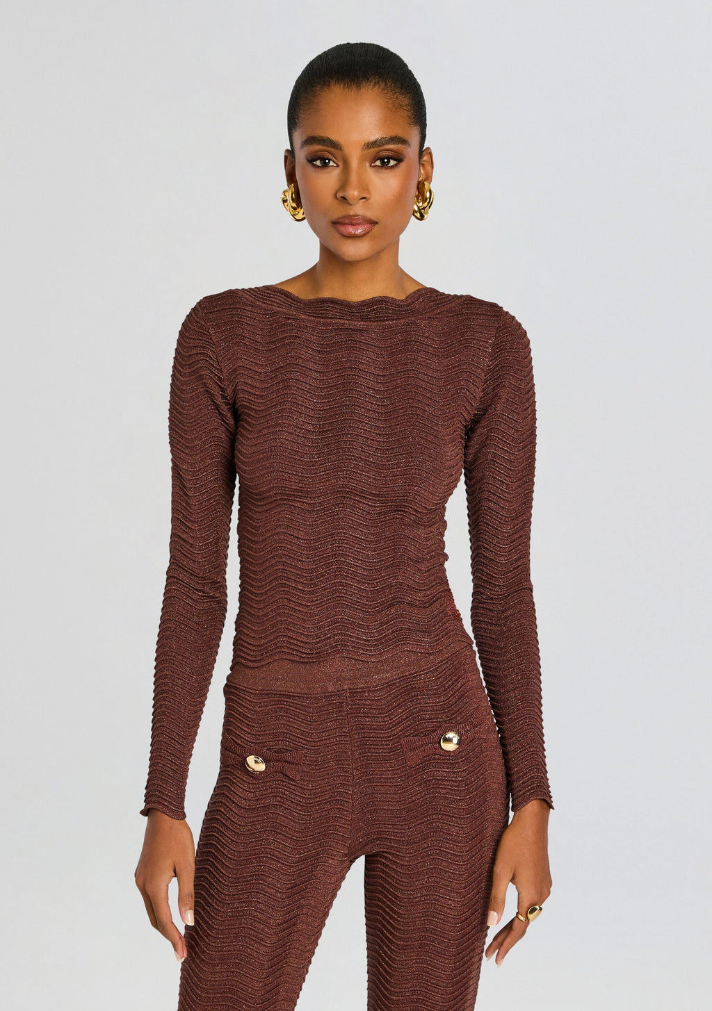 Galina Metallic Rib Knit Top by retrofête in Metallic Chocolate, product image 1