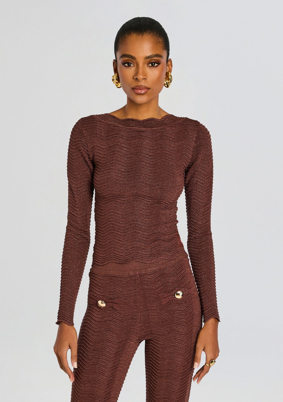 Galina Metallic Rib Knit Top by retrofête in Metallic Chocolate, product image 1