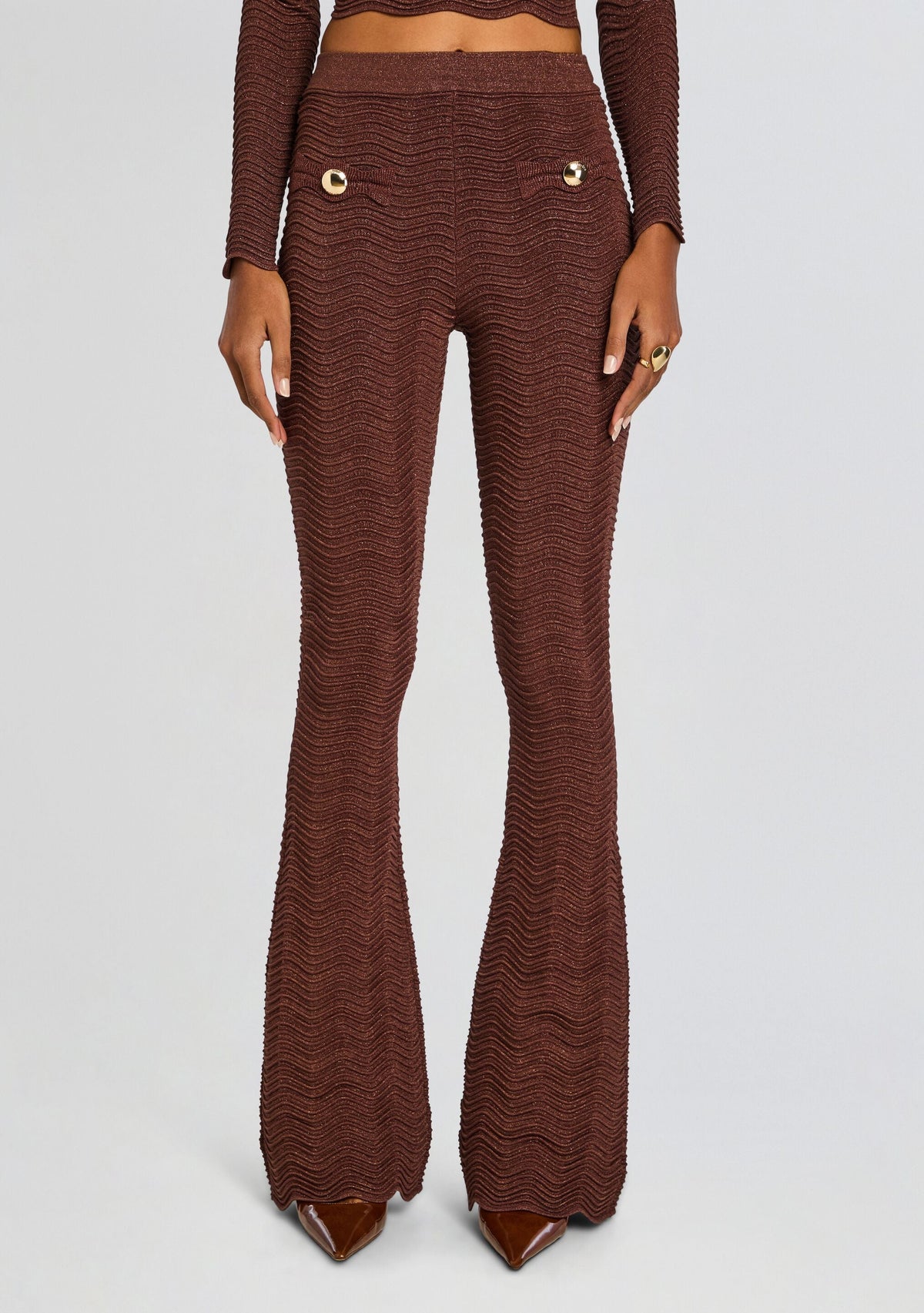 Joliet Metallic Rib Knit Pant by retrofête in Metallic Chocolate, product image 1