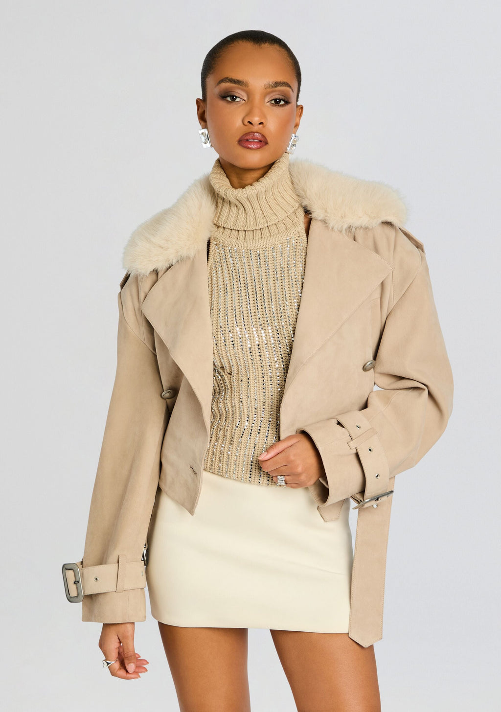Rubee Suede Coat by retrofête in Khaki, product image 1