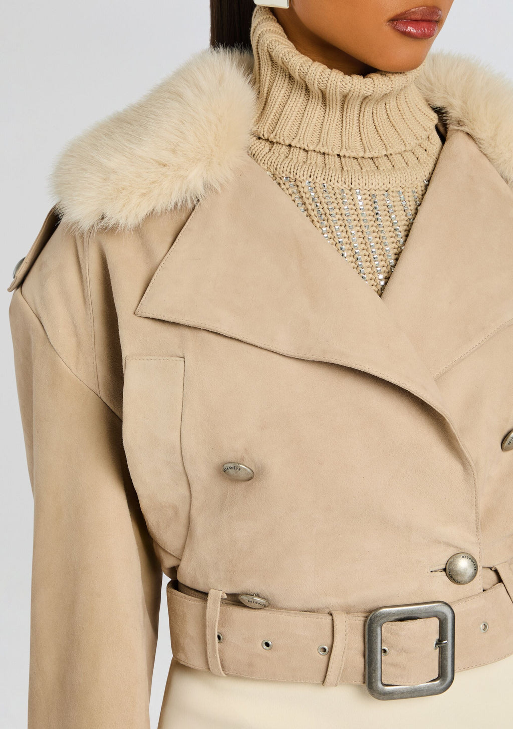 Rubee Suede Coat by retrofête in Khaki, product image 2