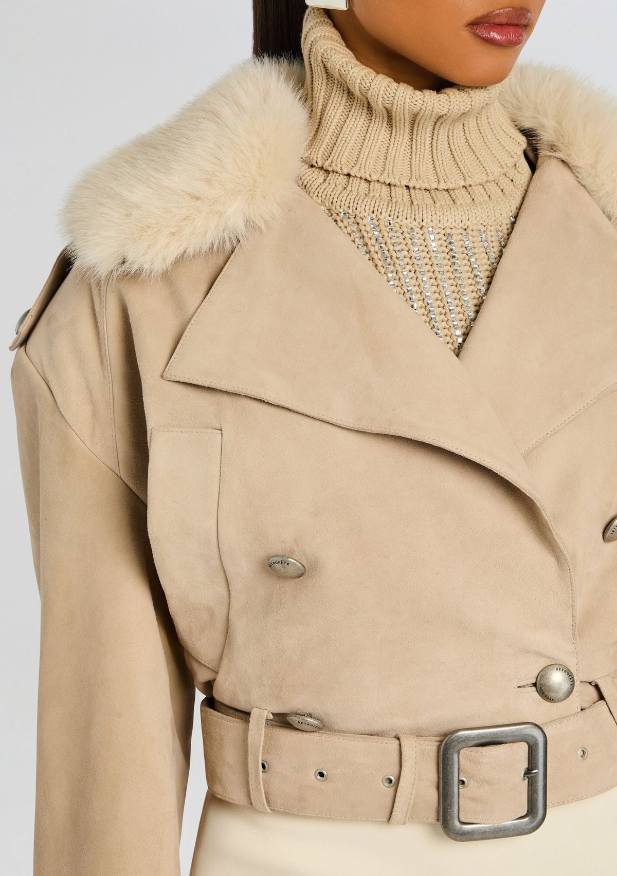 Rubee Suede Coat by retrofête in Khaki, product image 2