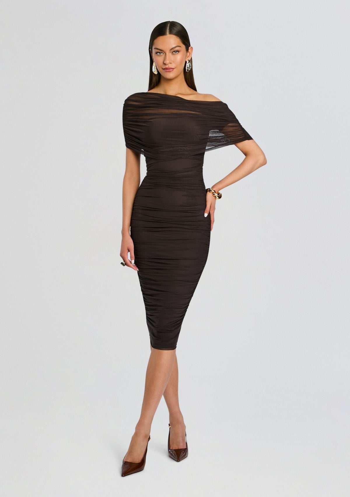 Nyssa Mesh Midi Dress by SEROYA in Ash Brown, product image 1
