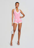 Jayde Metallic Rib Knit Romper by retrofête in Metall Flamingo/Wht, product image 1