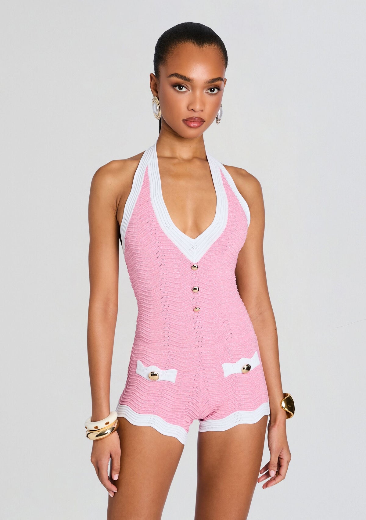 Jayde Metallic Rib Knit Romper by retrofête in Metall Flamingo/Wht, product image 5