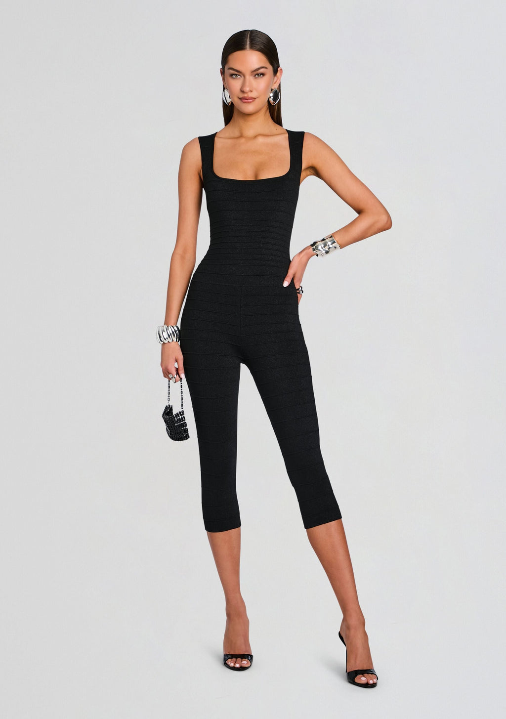 Leana Metallic Bandage Knit Jumpsuit by retrofête in Metallic Black, product image 1