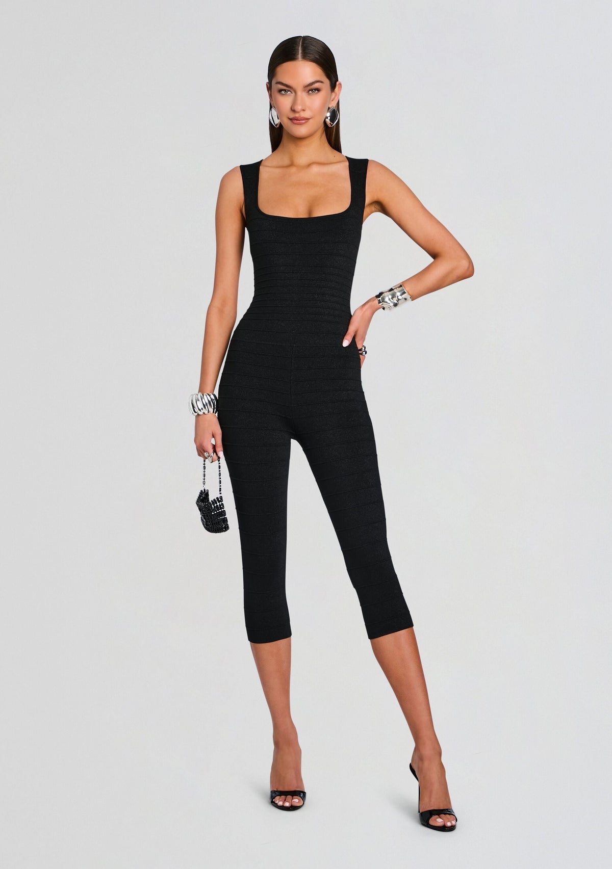 Leana Metallic Bandage Knit Jumpsuit by retrofête in Metallic Black, product image 1