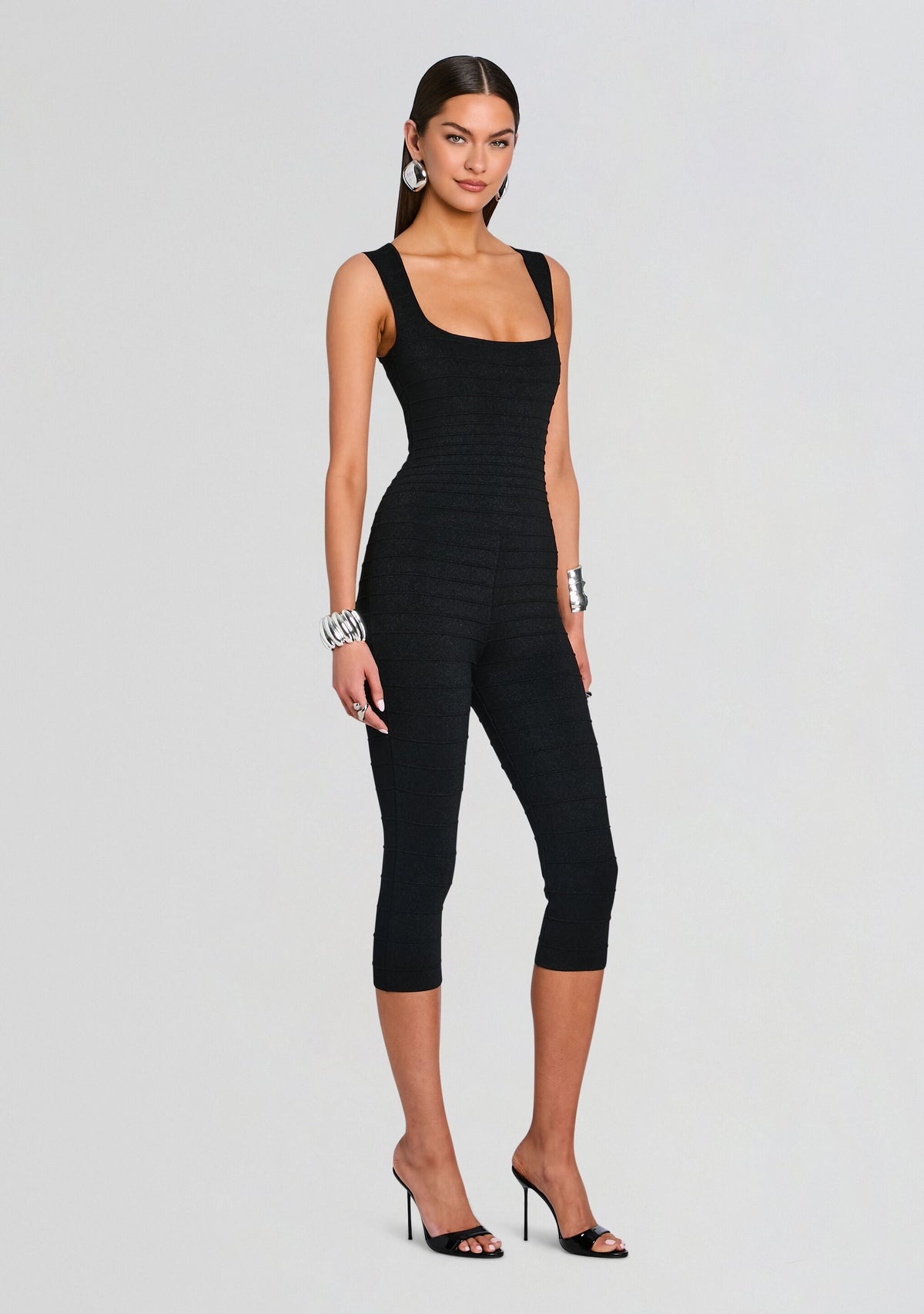 Leana Metallic Bandage Knit Jumpsuit by retrofête in Metallic Black, product image 3