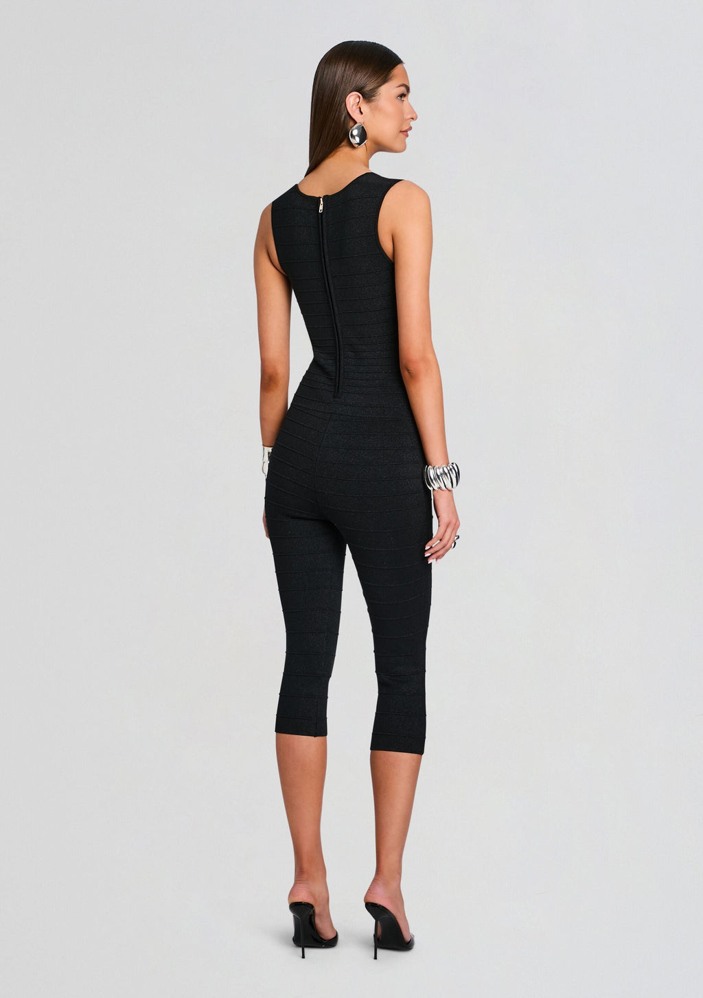 Leana Metallic Bandage Knit Jumpsuit by retrofête in Metallic Black, product image 4