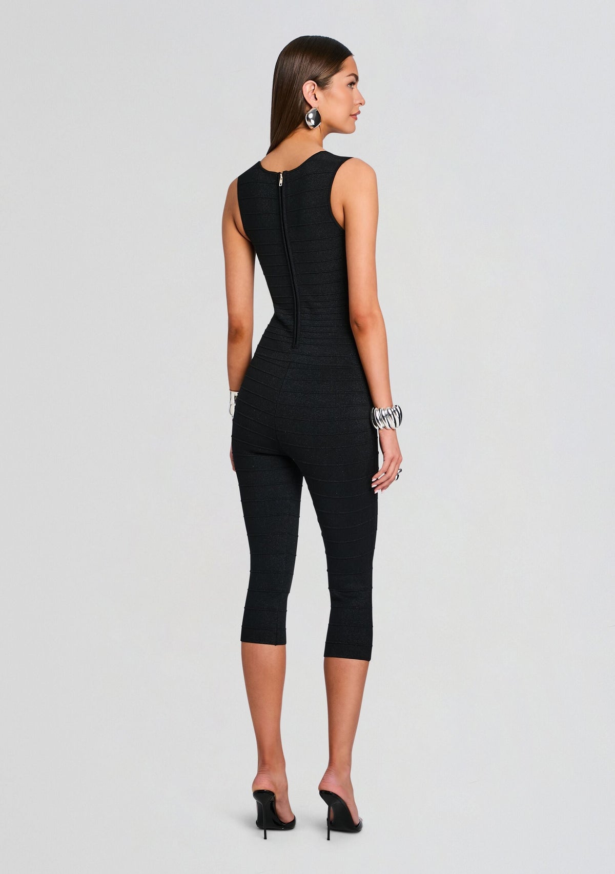 Leana Metallic Bandage Knit Jumpsuit by retrofête in Metallic Black, product image 4