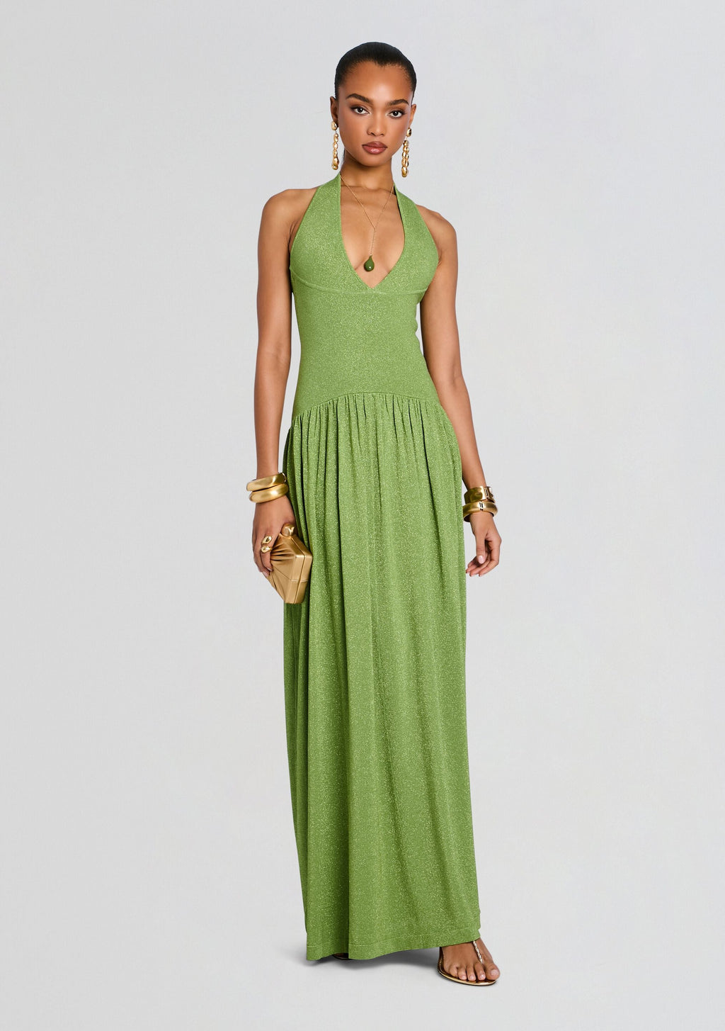 Marcelle Knit Dress by retrofête in Metallic Kiwi, product image 1