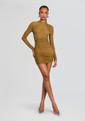 Moxey Ruched Mesh Mini Dress by SEROYA in Ochre, product image 1