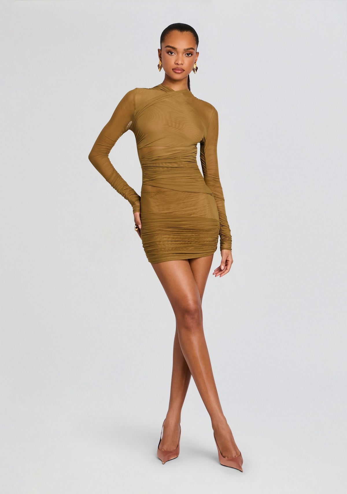 Moxey Ruched Mesh Mini Dress by SEROYA in Ochre, product image 1