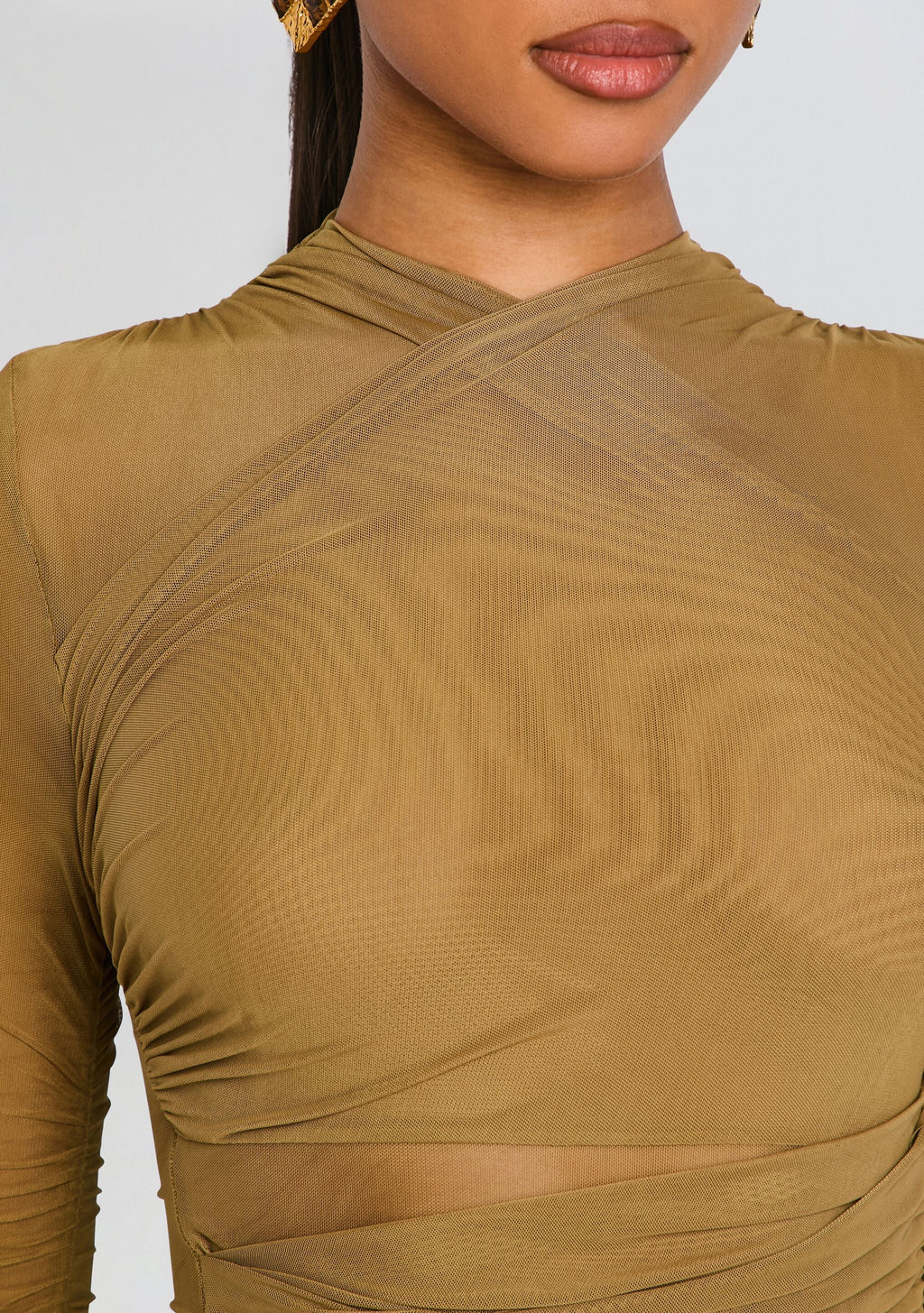 Moxey Ruched Mesh Mini Dress by SEROYA in Ochre, product image 2