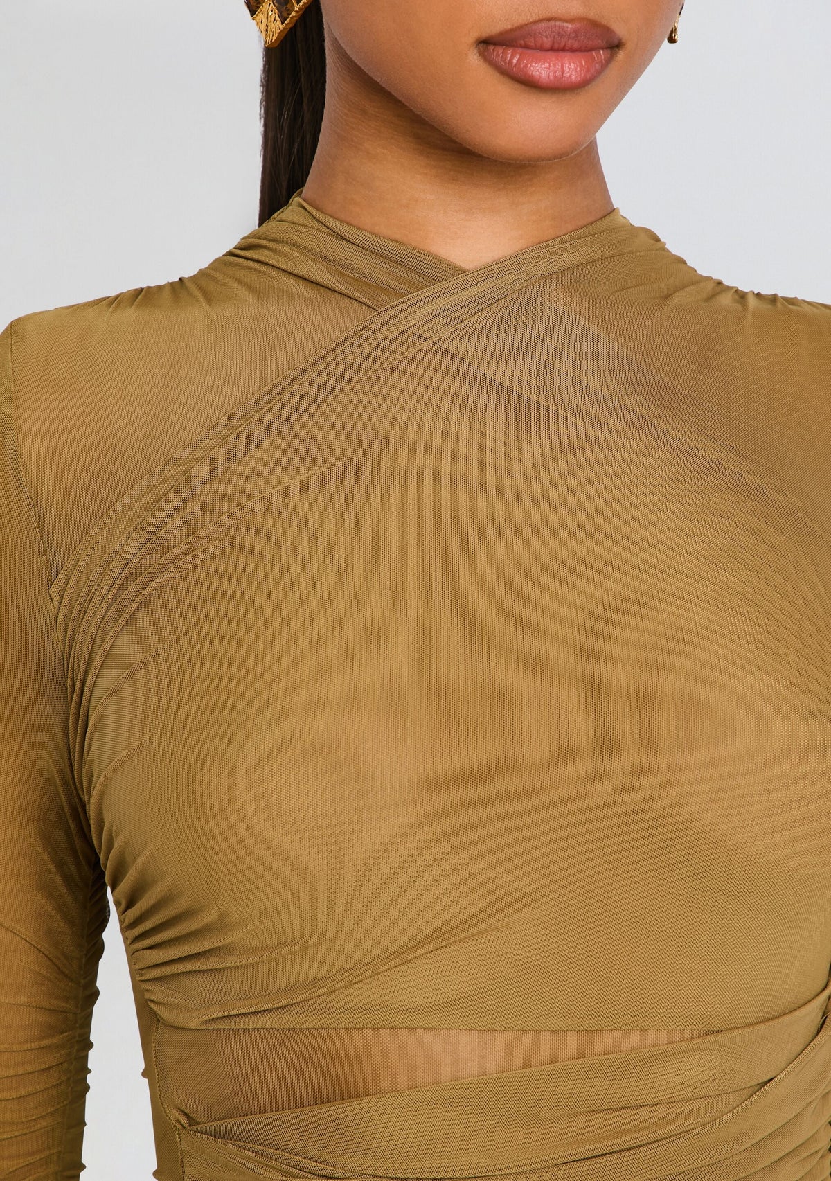 Moxey Ruched Mesh Mini Dress by SEROYA in Ochre, product image 2